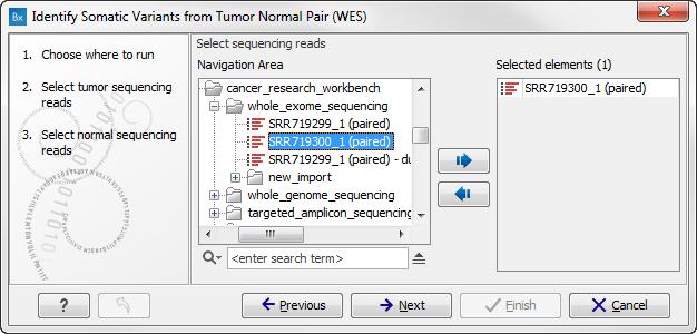 CHAPTER 6. WHOLE EXOME SEQUENCING (WES) 116 Figure 6.22: Select the tumor sample reads. 2. In the next wizard step (figure 6.23), please specify the normal sample reads. Figure 6.23: Select the normal sample reads.