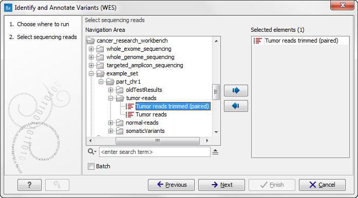 CHAPTER 6. WHOLE EXOME SEQUENCING (WES) 125 Figure 6.37: Genome Browser View with an open track table to inspect identified variants more closely in the context of the human genome. 1. Double-click on the Identify and Annotate Variants (WES) tool to start the analysis.