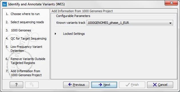 CHAPTER 6. WHOLE EXOME SEQUENCING (WES) 128 Figure 6.43: Select the relevant population from the 1000 Genomes project. This will add information from the 1000 Genomes project to your variants.