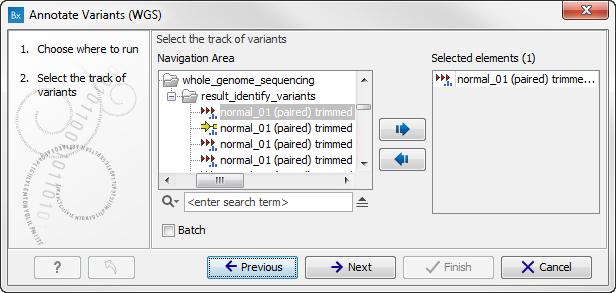 CHAPTER 5. WHOLE GENOME SEQUENCING (WGS) 62 Figure 5.2: Select the variant track to annotate. drop-down list found in this wizard step.