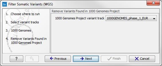 CHAPTER 5. WHOLE GENOME SEQUENCING (WGS) 71 Figure 5.15: Specify which 1000 Genomes population to use for filtering out known variants. 5. The next wizard step (figure 5.