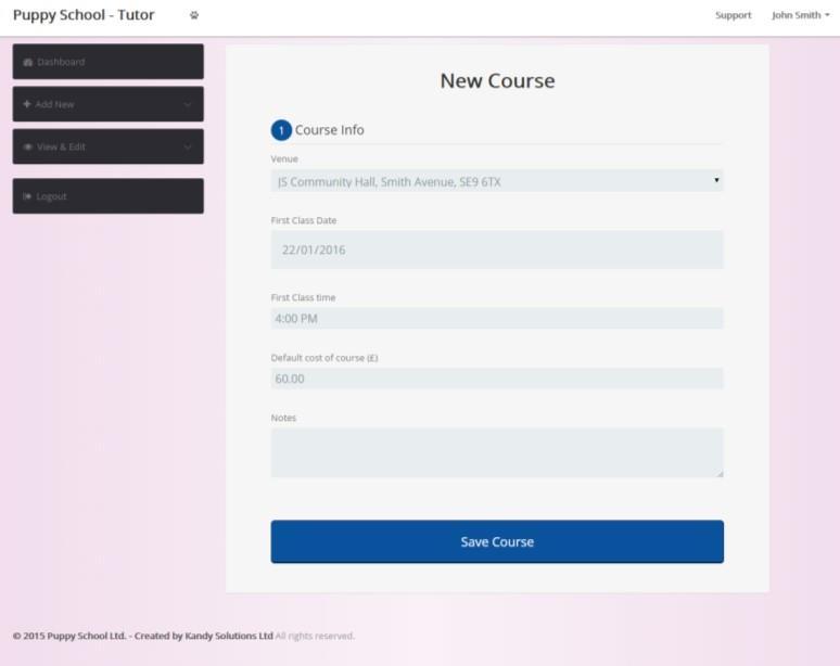 New Course The New Course form is designed to contain the venue, first date and time, and the default cost of the course.