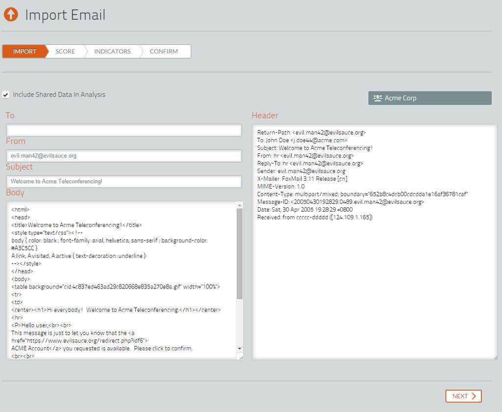 1. From your Email Group Details screen, click the Update Analysis button and the Import Email screen will appear (Figure 32). This wizard will import an email as though you had imported it manually.