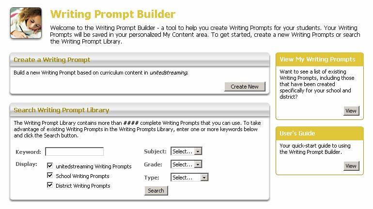 Writing Prompt Builder The new Writing Prompt Builder provides a tool to let you create your own writing activities using digital images