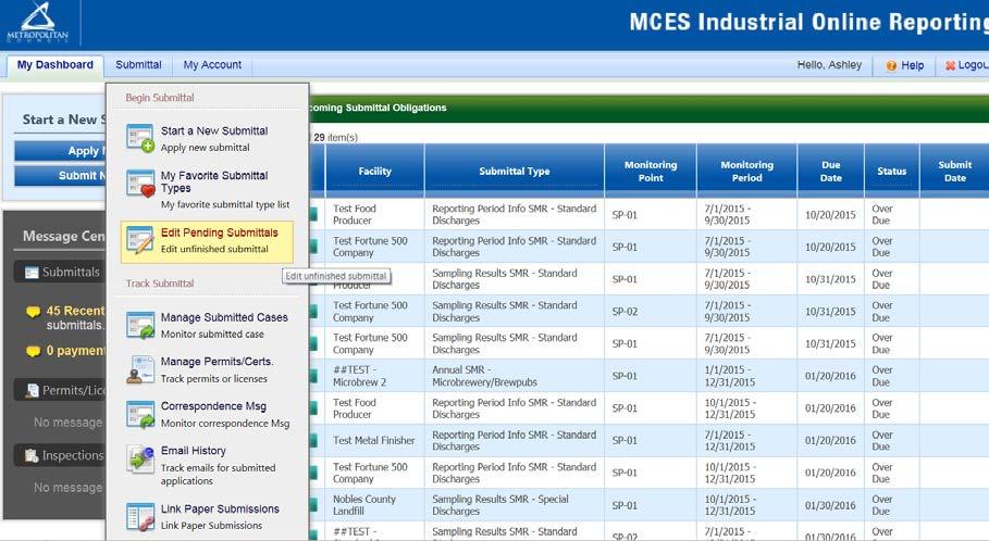 Editing an Unfinished Submittal Log into the MCES Industrial Online Reporting System at: https://www.govonlinesaas.com/mn/spl/public.