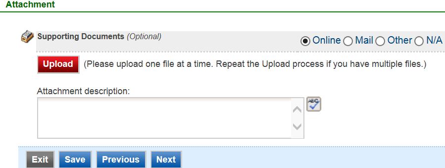 Select a radio button to the right of each attachment type to specify how the document will be submitted to MCES. If you select the Online option, the screen will show a red Upload button.