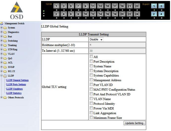 6.14 LLDP LLDP GENERAL SETTINGS 1. LLDP: Click LLDP drop-down menu from LLDP drop-down list to choose Enable or Disable to enable or disable Link Layer Discovery Protocol (LLDP) globally. 2.