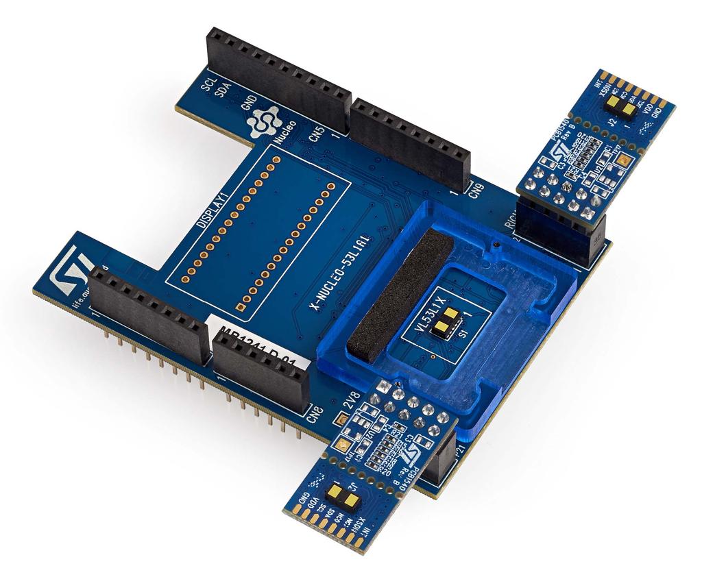 Optional VL53L1X breakout boards 2 Optional VL53L1X breakout boards The VL53L1X breakout boards can be directly plugged onto the VL53L1X expansion board through two 10-pin connectors or they can be
