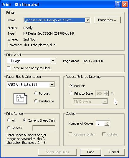 Figure 9 Express Viewer print options If your original DWF was printed to scale and you want to print to scale from Express Viewer, you will need to turn off the Best Fit option and make sure to pick
