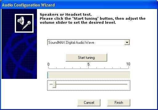 Please adjust the speaker level properly with the volume slider. Click [Finish] to finish the Audio Configuration Wizard.