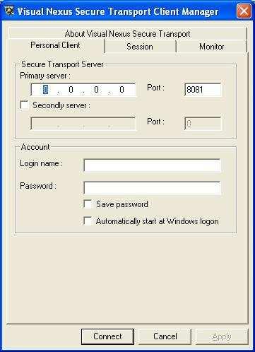 2.2. Secure Transport Personal Client Setup 2.2.2. Personal Client Initial Settings When installation has completed, provide the settings for the server address and account information.