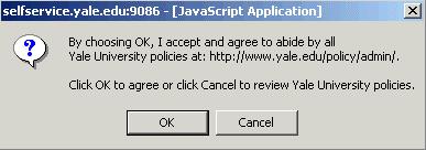 Clicking on the OK button indicates the user s agreement to abide by Yale University policies. 6. The Central Authentication Service (CAS) window displays.