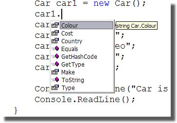 using using System; System; namespace sample01 namespace sample01 Car Car colour; colour; type; type; make; make; country; country; double double cost; cost; Colour Colour get get return return