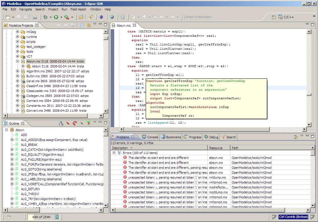 OpenModelica Eclipse MDT: Code Outline and Hovering Info 10 Code Outline