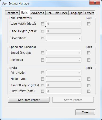 4-1-2 Basic Setting 1) By clicking the Basic tab, check the settings of label parameters, speed, print density, and media. 2) Click the Get button to check the printer settings.