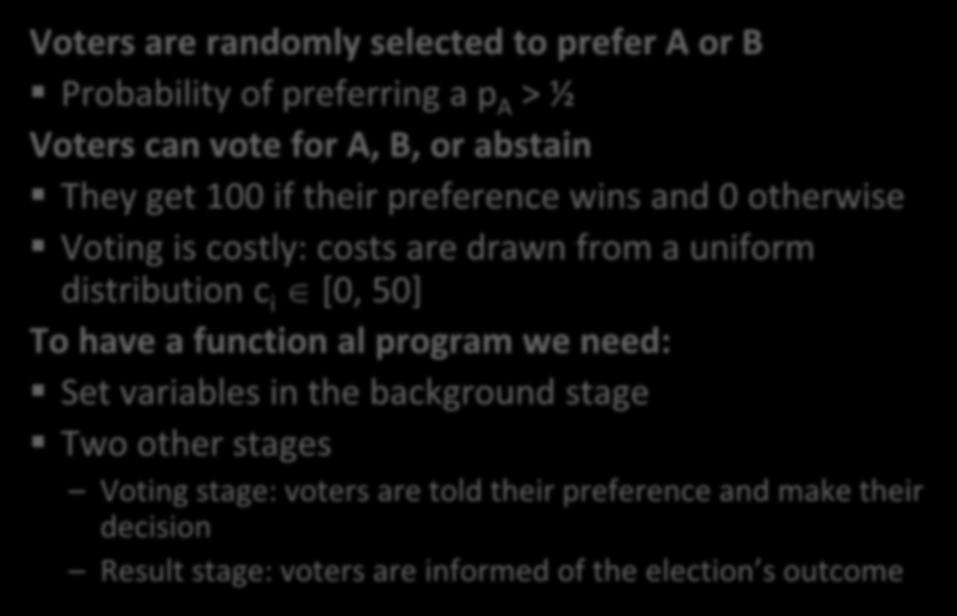Exp. 1: Rational turnout Voters are randomly selected to prefer A or B Probability of preferring a p A > ½ Voters can vote for A, B, or abstain They get 100 if their preference wins and 0 otherwise