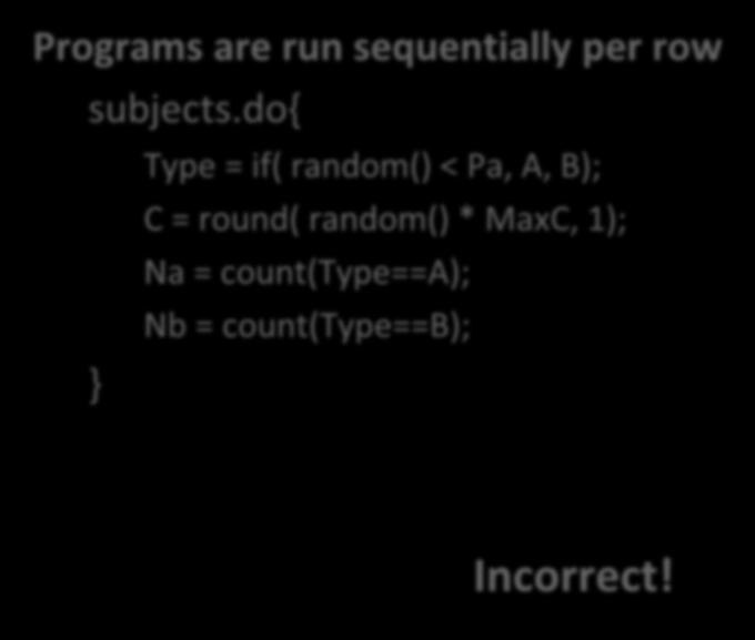 Programs are run sequentially per row Table functions Type = if( random() < Pa, A,