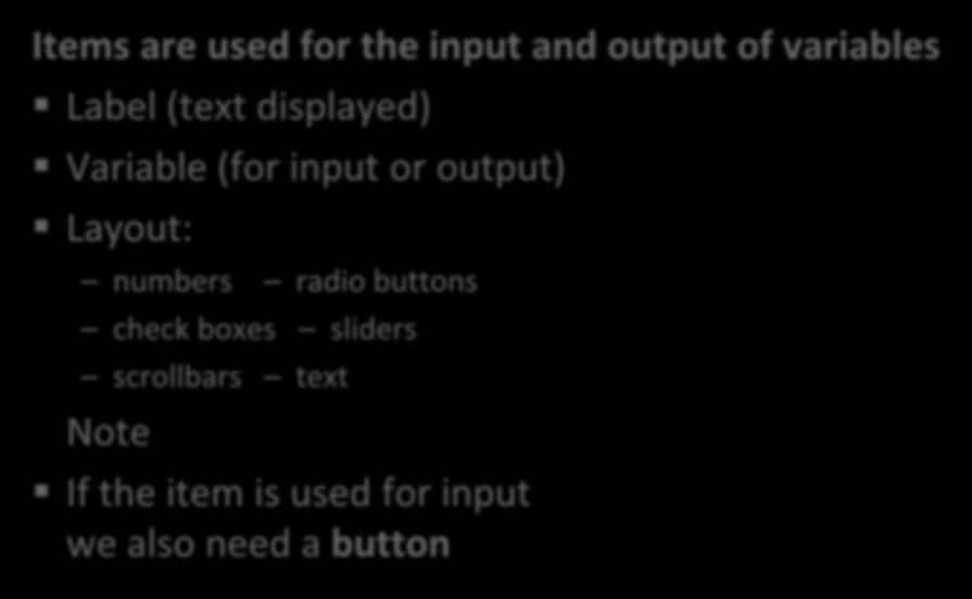 Input and output of variables Items are used for the input and