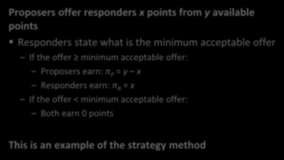 Exp. 3: Another ultimatum game Proposers offer responders x points from y available points Responders state what is the minimum acceptable offer If the offer minimum