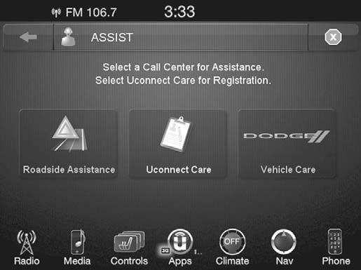 Description Vehicles equipped with the Uconnect Access system feature will contain an ASSIST button on the rear view mirror.
