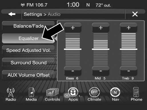 Press the Balance/Fade button on the touchscreen to Balance audio between the front speakers or fade the audio between the rear and front speakers.