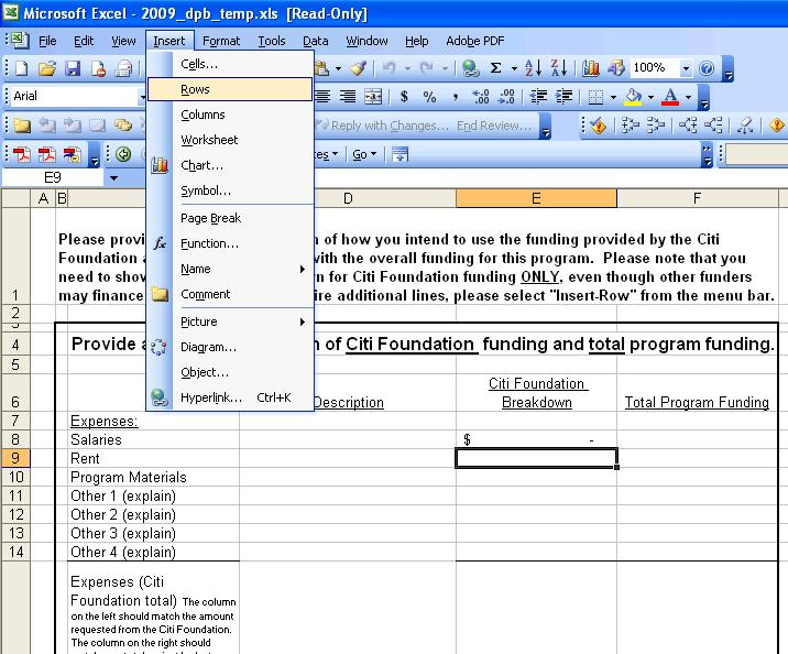 Program Budget Template: Clicking on the link to the template (as shown above) will open an excel document with the template below.