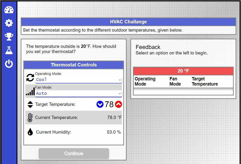 HVAC Challenge Note: While these controls appear to be the same as those on the Control page, they have been deactivated to allow you to quickly change settings without waiting for the thermostat to