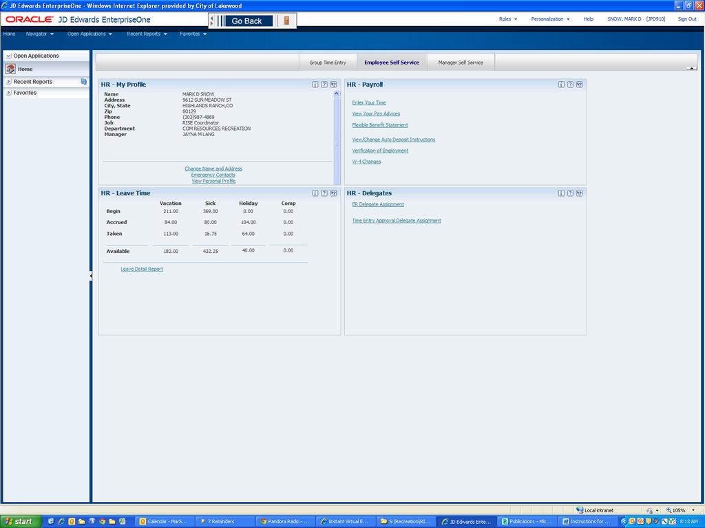 6. From this screen, on the right side, under the Payroll Section, click Enter Your Time.