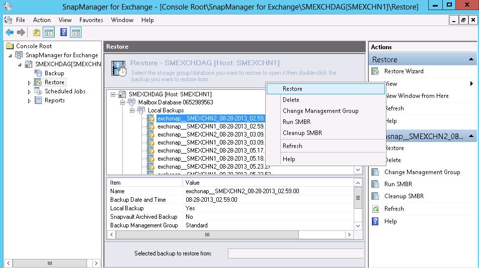 SME displays the Exchange server databases. When SME connects to the DAG, all backups in the DAG are displayed.