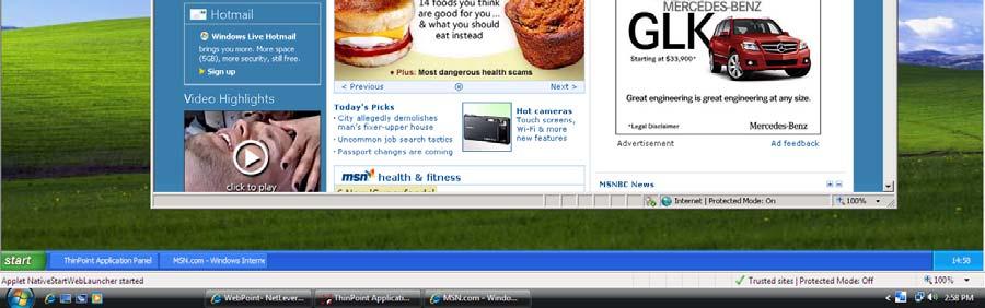 The screenshot below shows a remote Internet Explorer published from a Windows XP host running in seamless mode inside WebPoint.