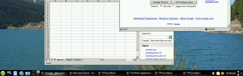 9. Screenshot below shows a remote Internet Explorer and Microsoft Office Excel published from a Windows XP ThinPoint host running in seamless mode inside the Linux Client Desktop.