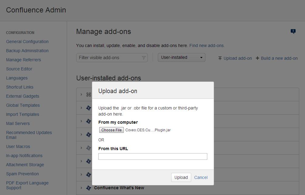 account credentials, and then click Confirm. 4. In the navigation panel on the left, under Atlassian Marketplace, click Manage add-ons. 5. In the Manage add-ons page, click the Upload add-on link. 6.