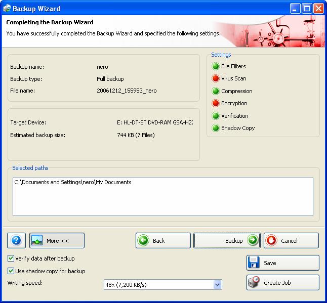 Start backup 8.5 Completing the Backup Wizard screen Verify your previous settings and start the backup in the Completing the Backup Wizard screen.