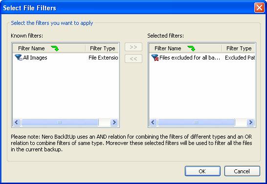 Filters 12.3 Selecting and combining filters You can select and combine the filters created in Nero BackItUp. Filters of the same filter type (e.g. the file extension filter type) are linked with an OR relationship.