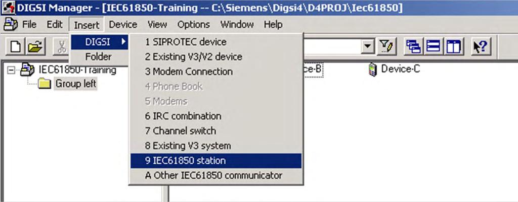 Creating an IEC61850 station New in DIGSI 4 is the IEC 61850 station, which is added to the project via the context menu,