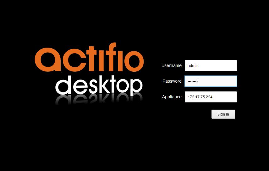 Installing the Actifio Sky Desktop After the Actifio Sky appliance has rebooted, refresh your browser window and the Actifio Resource Center is displayed.