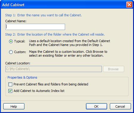 THE CABINET CREATION WIZARD When you add a cabinet from the Add button, or if you selected Map a new Cabinet to an existing folder when you first started FileCenter, you will be presented with the