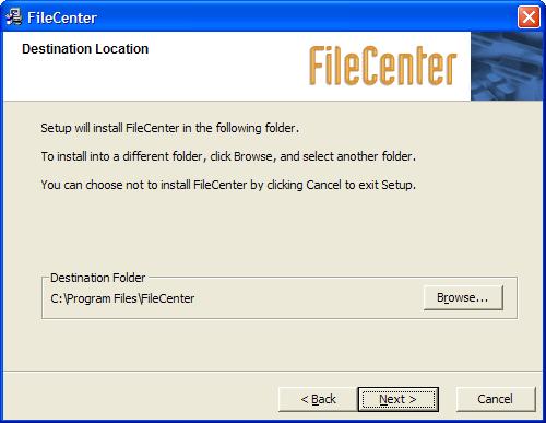 You can use this option to change where FileCenter is installed. By default, FileCenter will be installed in the c:\program files\filecenter folder.