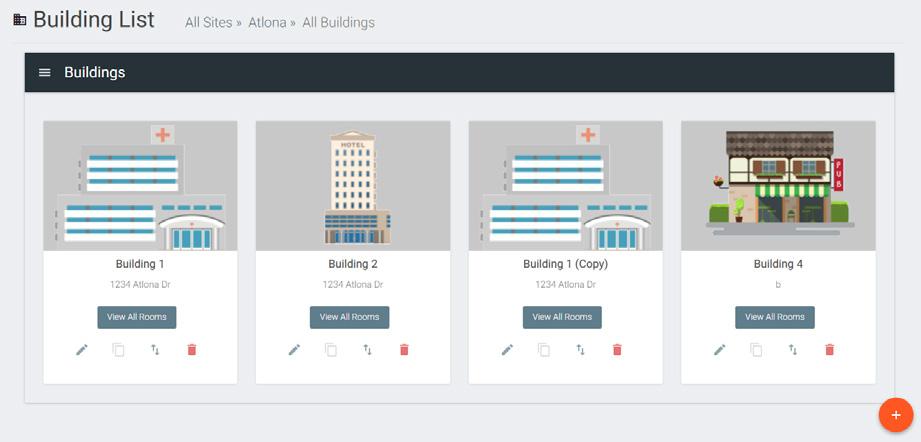 If multiple buildings was selected, then two buildings will display. Using the + button or the navigation below the View All Rooms button, buildings can be added, edited, and deleted from this screen.