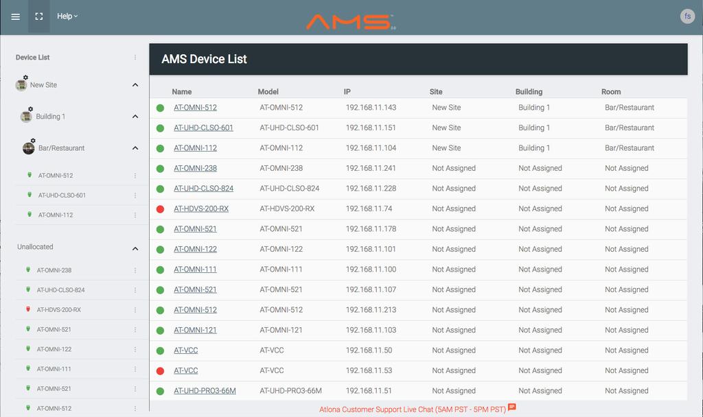 Devices Atlona Devices can be discovered and configured using AMS 2.0. All supported devices can be found through the device list or rooms page. 1.