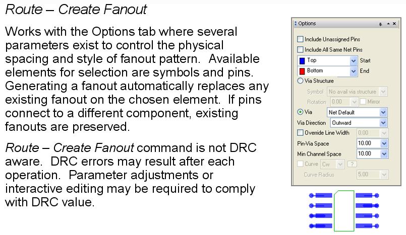 Routing and Glossing Lesson 11 Route - Create Fanout Command The OrCAD and Allegro PCB Editors offer several interactive and automatic controls for component fanout, a process sometimes referred to