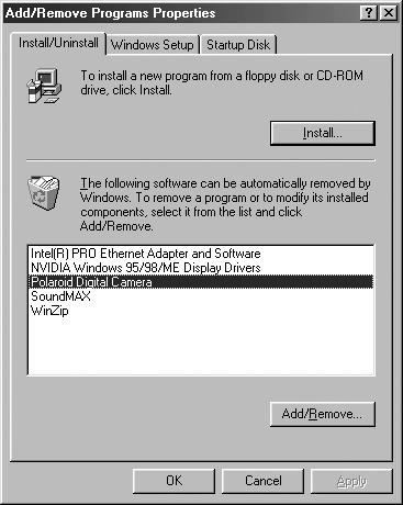 Uninstalling Polaroid i737 Driver (PC only) For Windows 98SE Users NOTE: The following driver uninstall procedure is for Windows 98SE user only because only Windows 98SE needs to install the i737