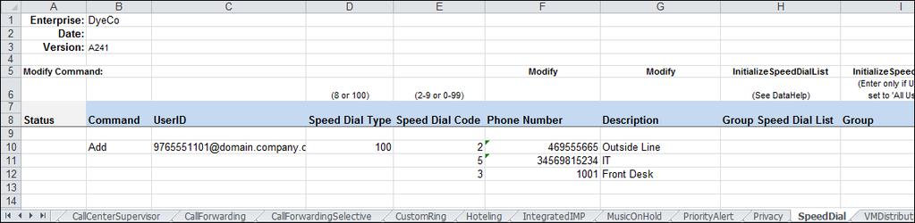 Advanced - Speed Dial Sample Import Spreadsheet Figure