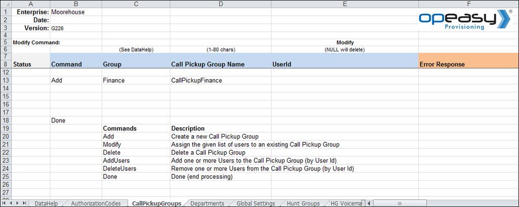 Group Call Pickup Groups Sample Import