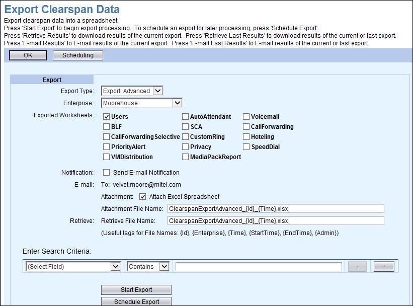 EXPORT The Export function allows you to obtain information on users and features from the Clearspan system database. The information is presented in Excel spreadsheets created by the system.