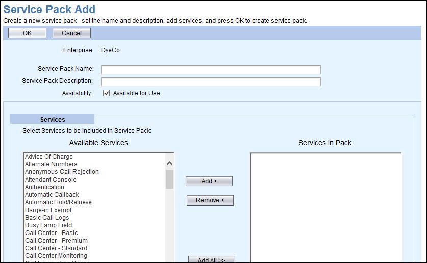 Figure 114 Service Pack Add Page 5. Enter a Service Pack Name and Service Pack Description. 6. Check the Available for Use checkbox when the Service Pack is ready for use. 7.