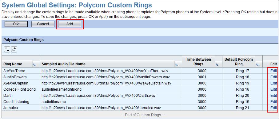 Figure 122 Custom Rings for Polycom Phones Click Edit to change an existing custom ring, or click Add to create a new custom ring.