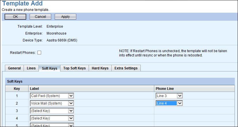 Figure 10 Template Add Soft Keys Tab 2. Select a feature or line from the Label drop-down list for Key 1. This drop-down list of features comes from the list of Key Definitions. 3.