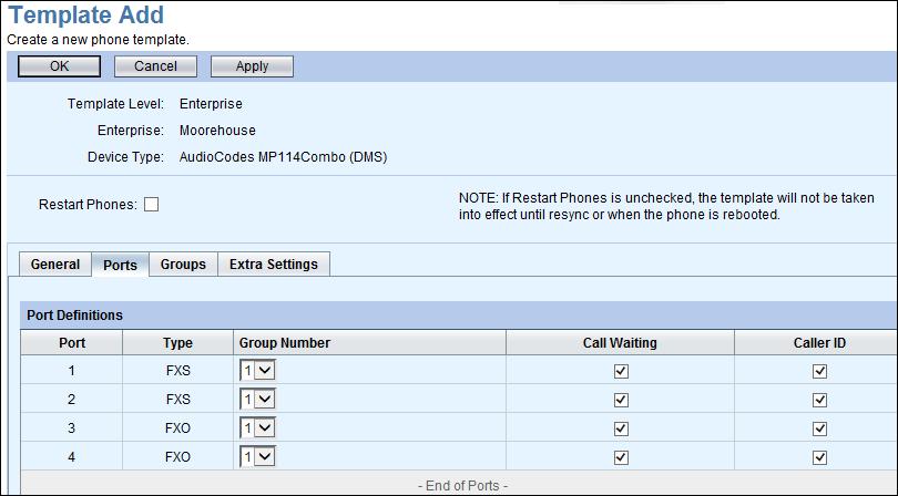 Figure 18 Template Add Ports for AudioCodes 14. On the Groups tab, choose the Channel Select Mode for each group.