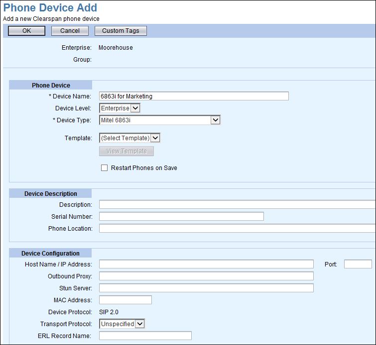 7. Enter the Device Name. Figure 28 Phone Device Add Page 8. Select the Device Level and Device Type from the drop-down lists. 9. Select the Template from the drop-down list.